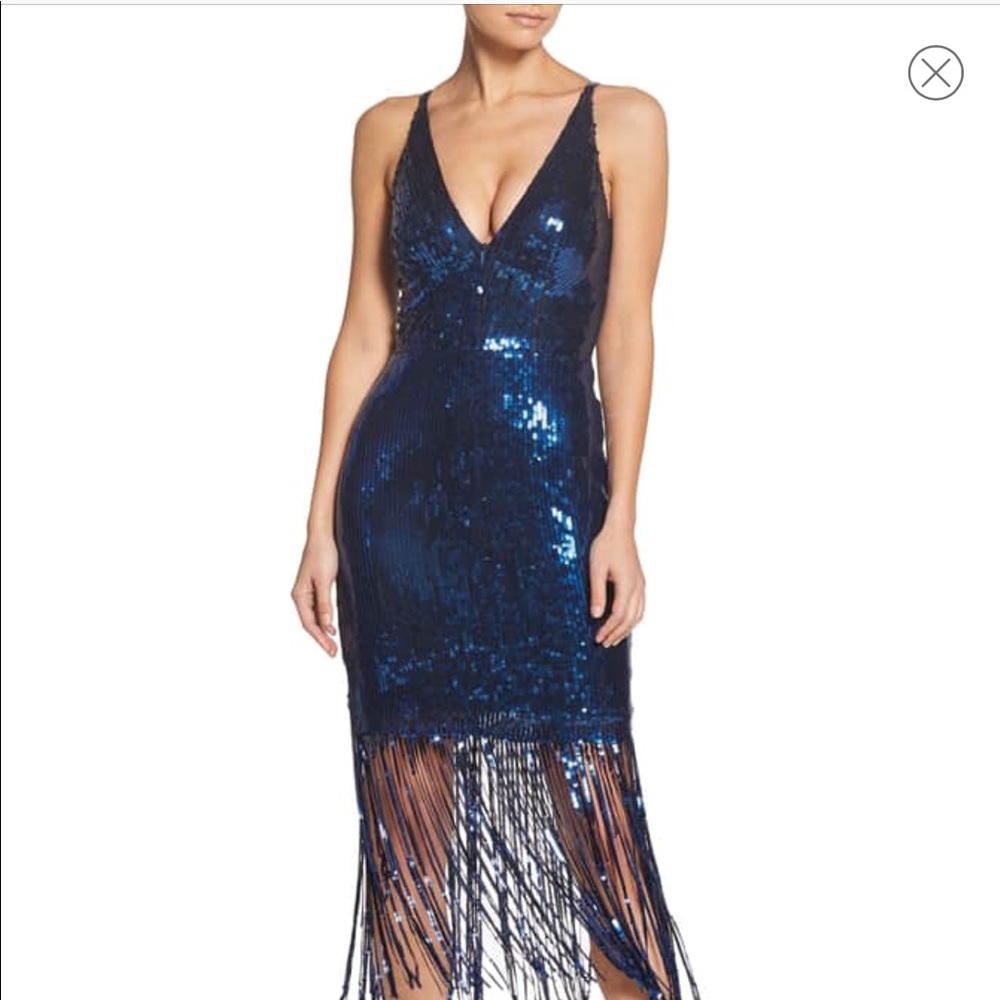 Dress the Population Navy Sequin Fringe Midi Dress